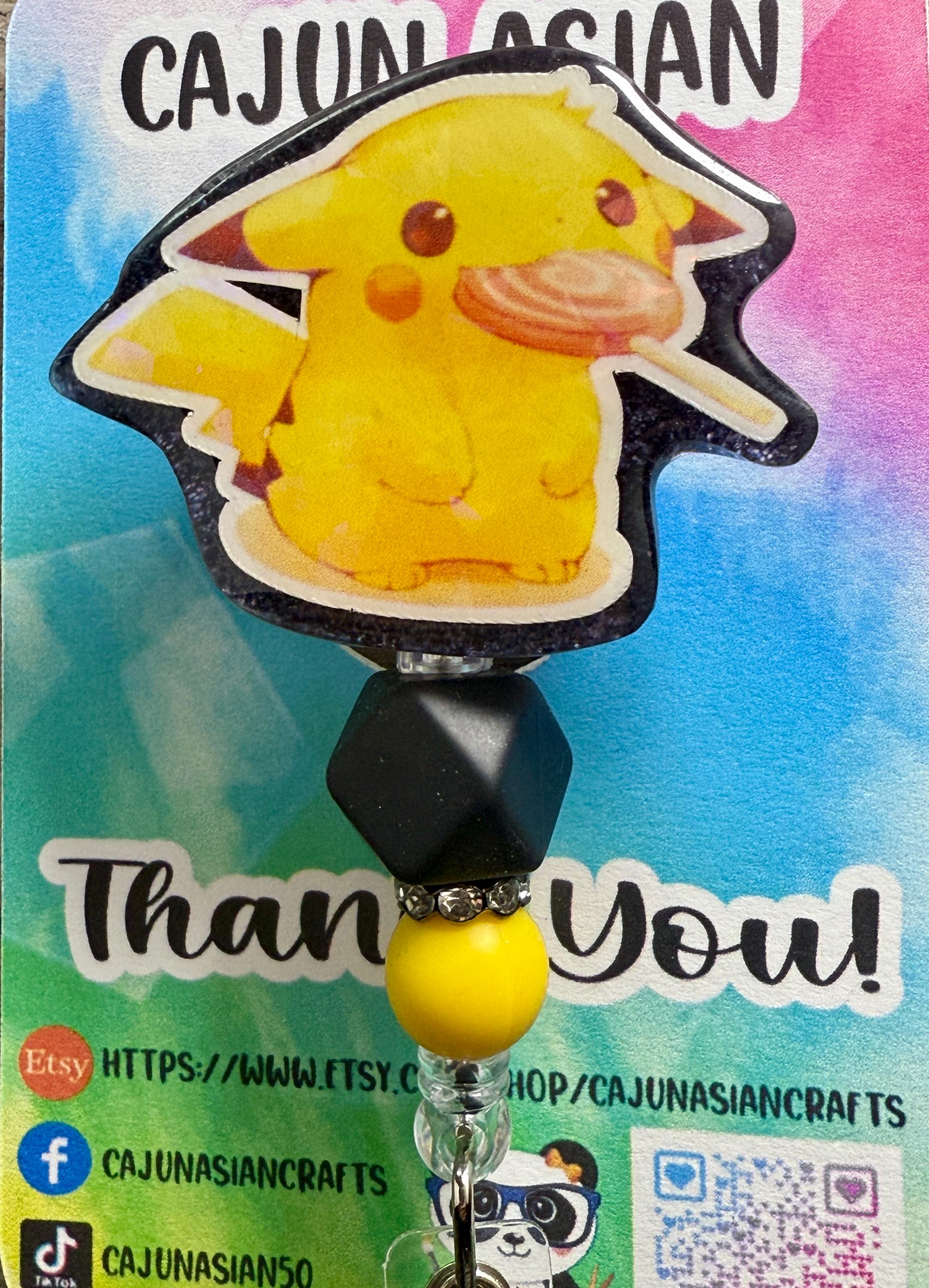 Lollipop Pikachu Anime Badge Reel/ID Clip-Retractable Clips-(Alligator, Belt, MRI Safe, Carabiner) & Non-Retractable Clips