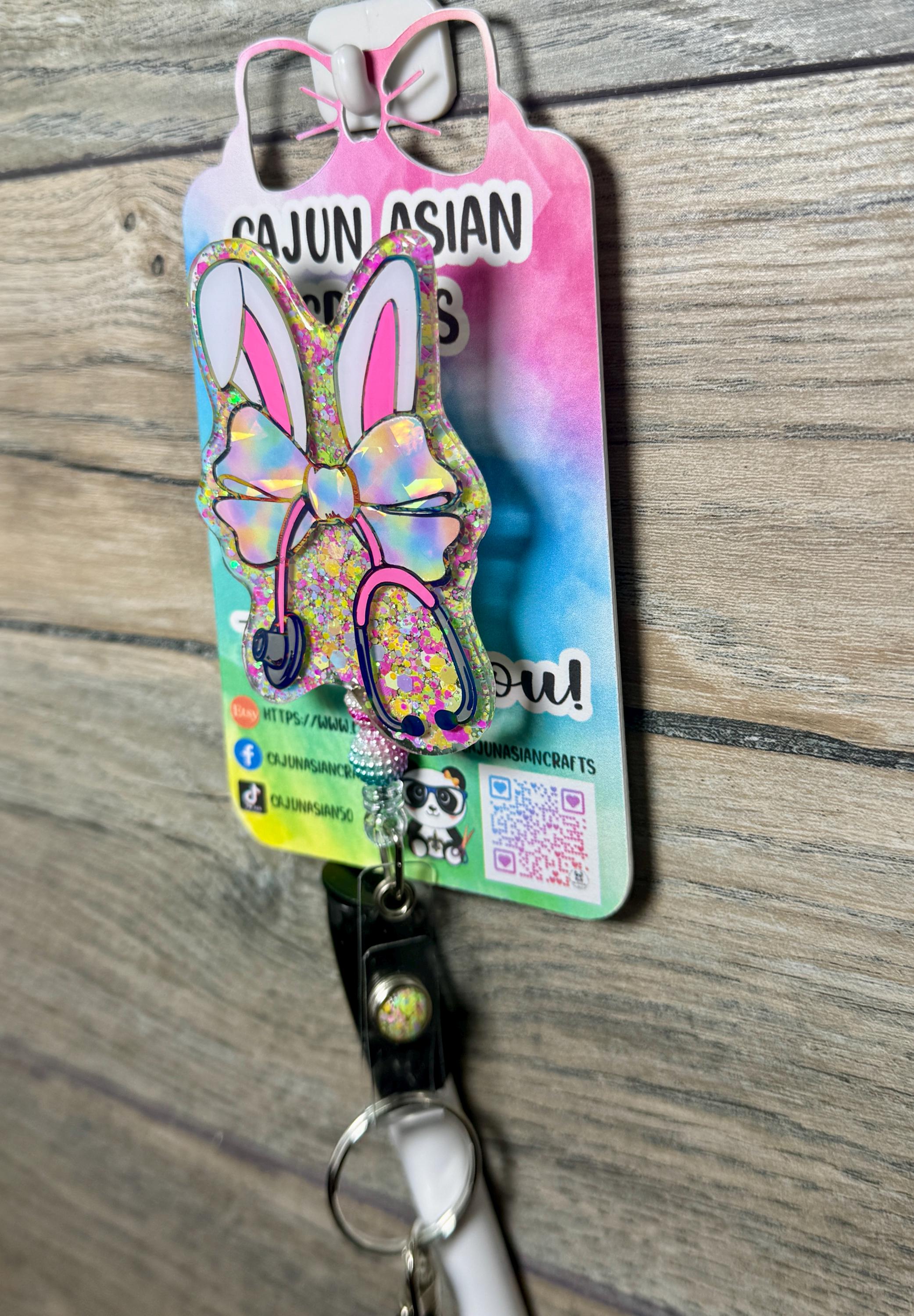 Bunny Bow Stethoscope Badge Reel/ID Clip-Retractable Clips-(Alligator, Belt, MRI Safe, Carabiner) & Non-Retractable Clips