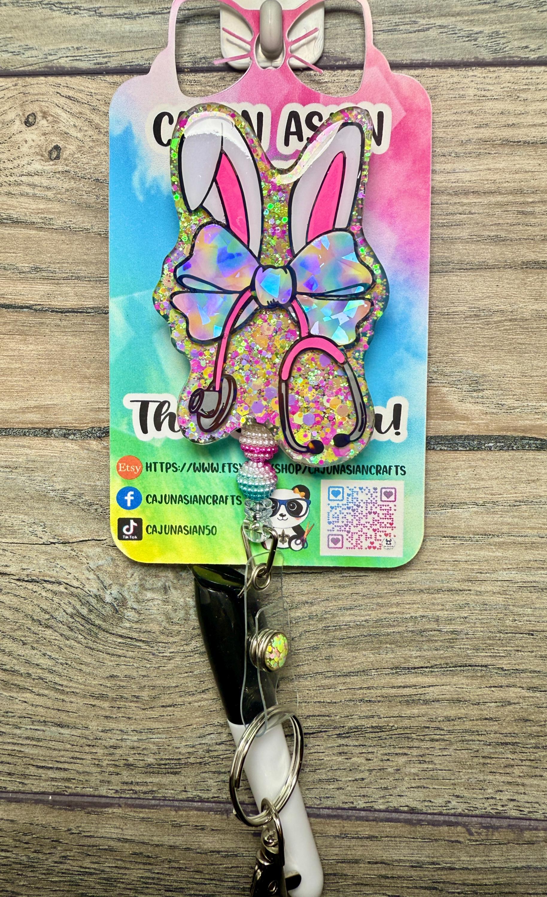 Bunny Bow Stethoscope Badge Reel/ID Clip-Retractable Clips-(Alligator, Belt, MRI Safe, Carabiner) & Non-Retractable Clips