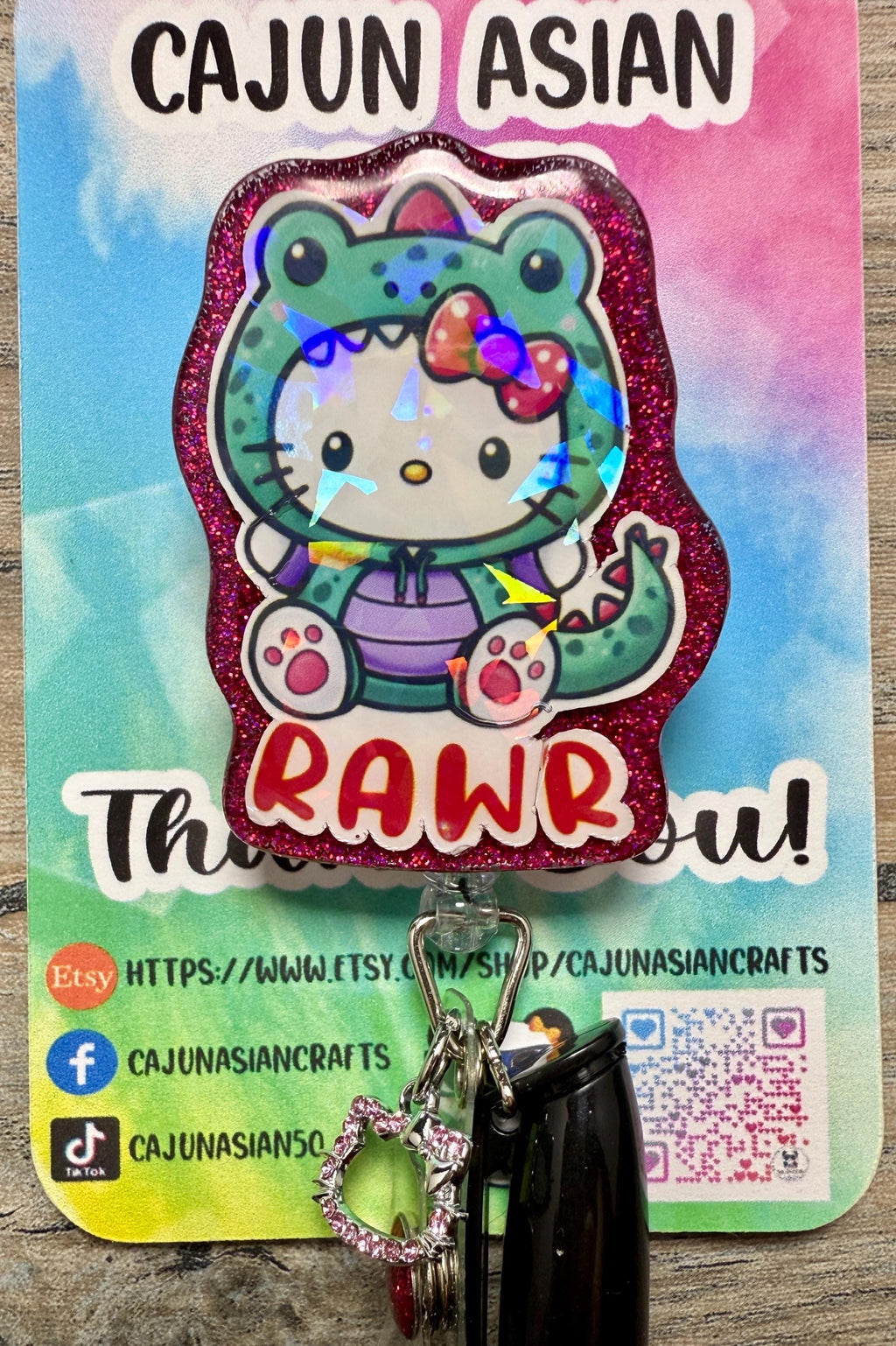 Cute Dinosaur Kitty Badge Reel/ID Clip Retractable-(Alligator, Belt, MRI Safe, Carabiner Clips) & Non-Retractable Clips