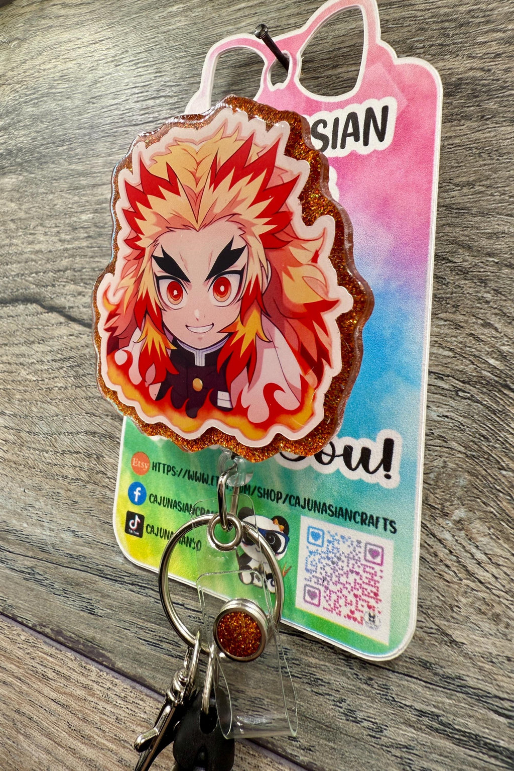 Rengoku Demon Anime Badge Reel/ID Clip/Name Tag Holder (Retractable, Belt, Non-Retractable, MRI Safe) Permanent or Interchangeable