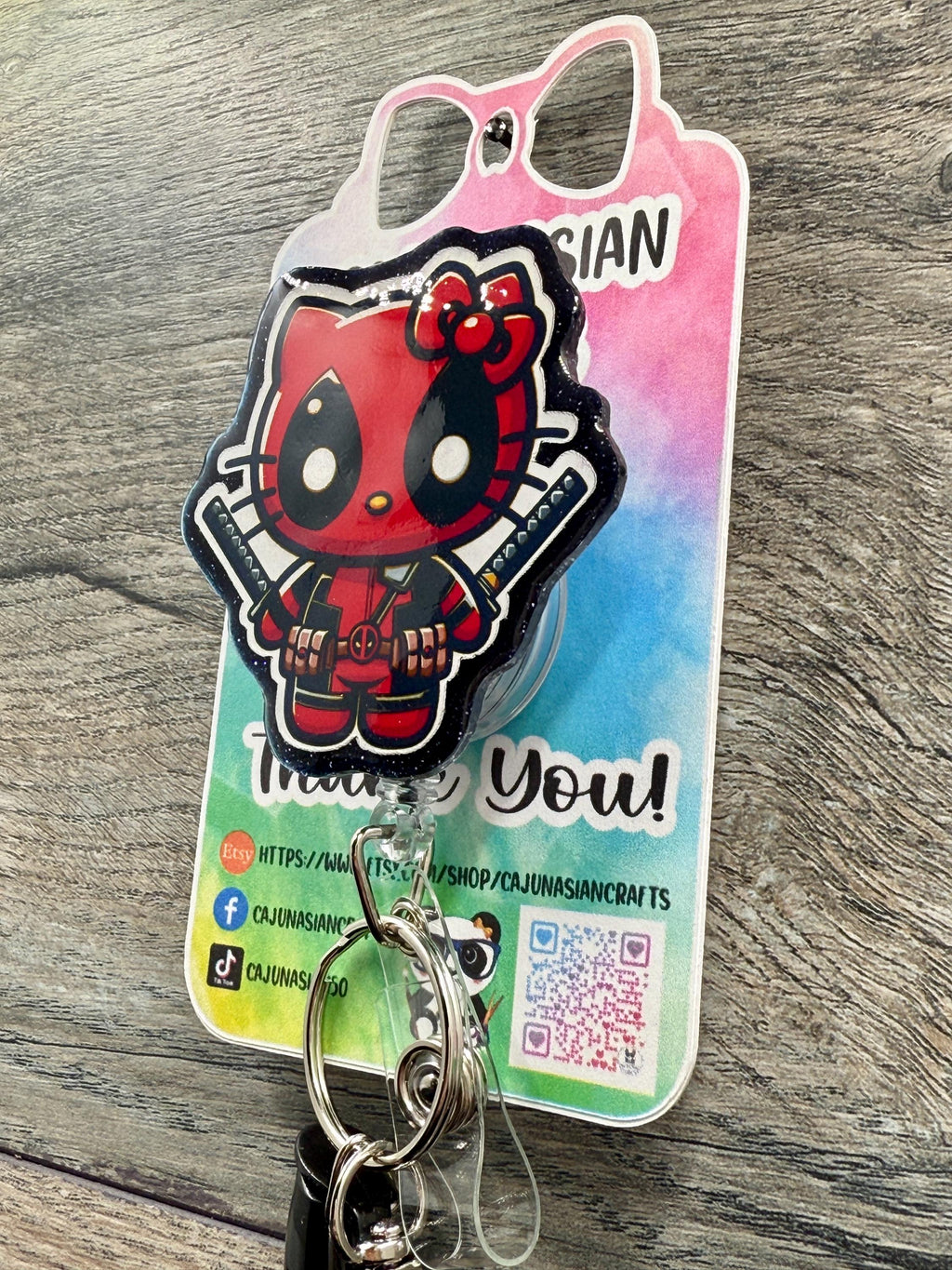 Cute Deadpool Inspired Kitty Badge Reel/ID Clip Retractable-(Alligator, Belt, MRI Safe, Carabiner Clips) & Non-Retractable Clips