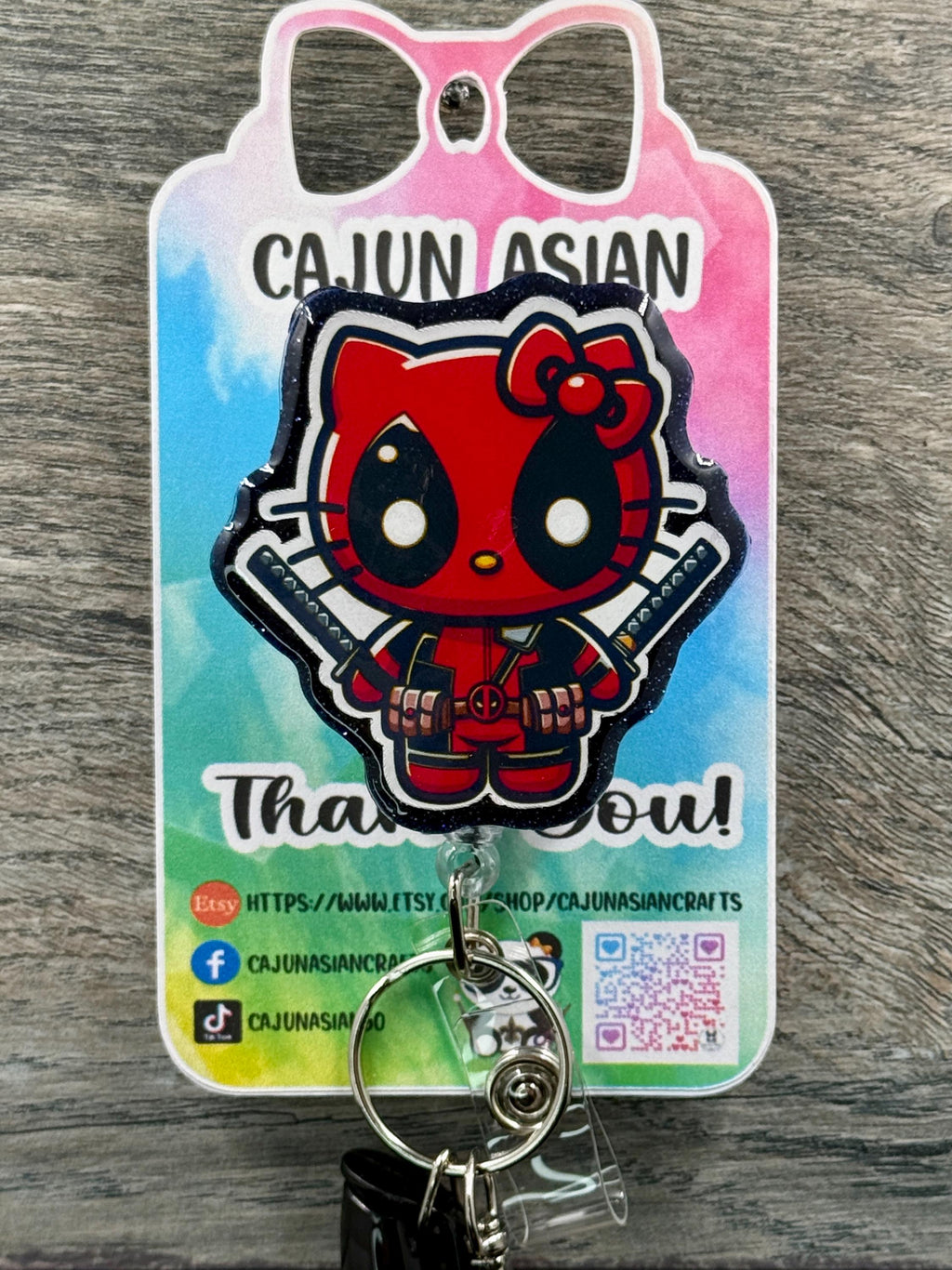 Cute Deadpool Inspired Kitty Badge Reel/ID Clip Retractable-(Alligator, Belt, MRI Safe, Carabiner Clips) & Non-Retractable Clips