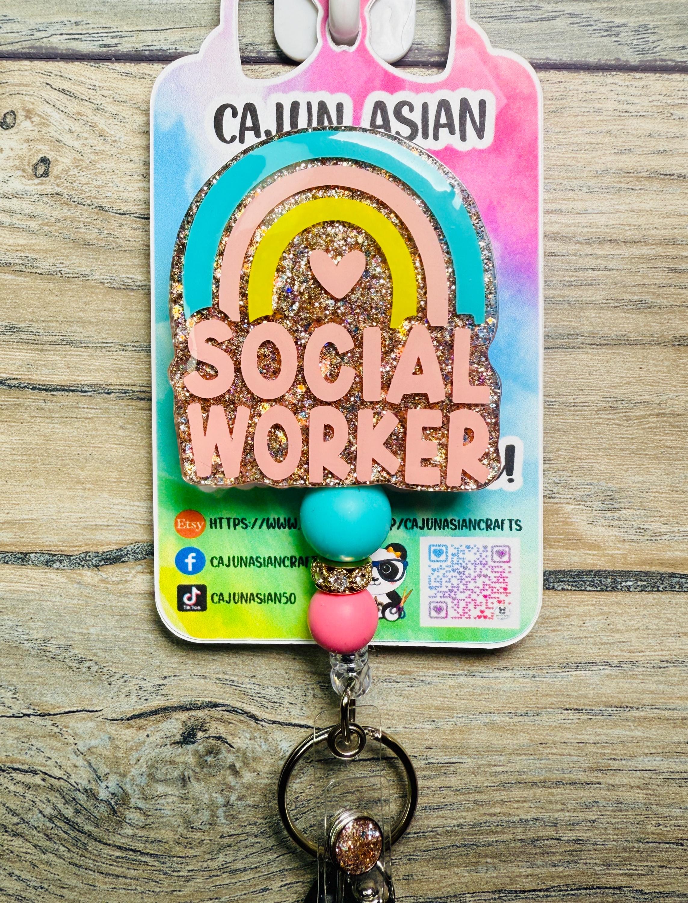 Cute Social Worker Badge Reel/ID Clip Retractable-(Alligator, Belt, MRI Safe, Carabiner Clips) & Non-Retractable Clips