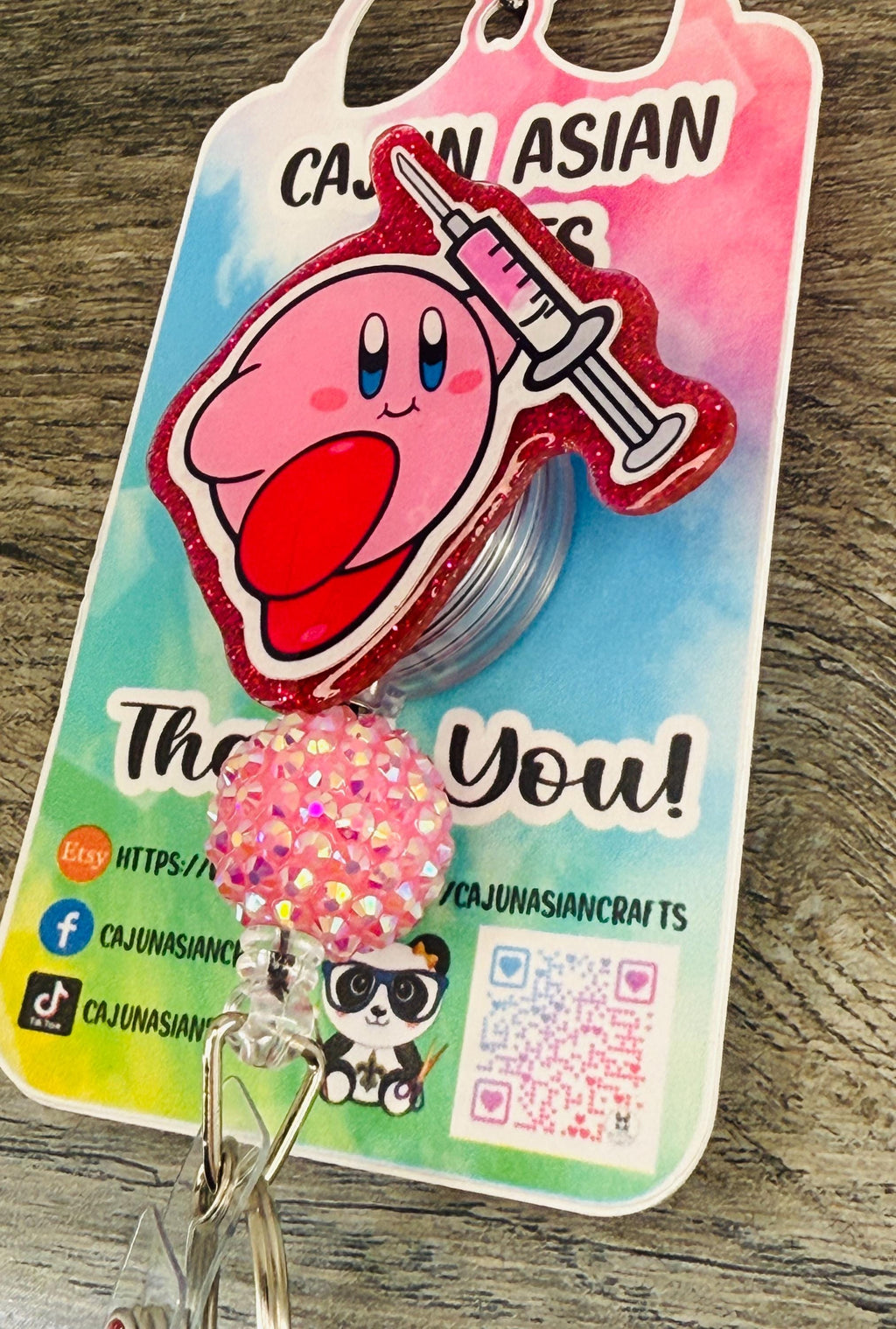 Funny Kirby with Syringe Badge Reel/ID Clip Retractable-(Alligator, Belt, MRI Safe, Carabiner Clips) & Non-Retractable Clips