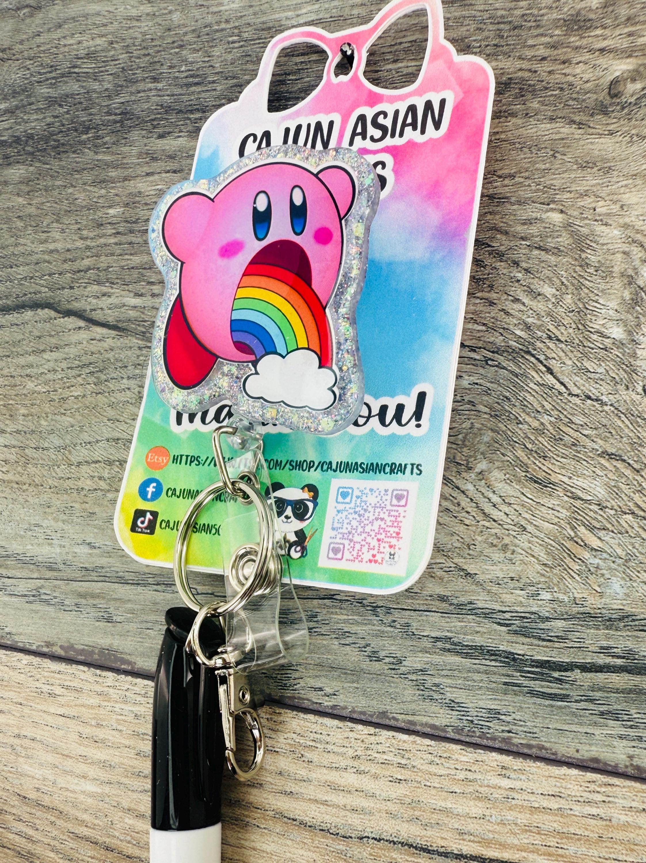 Rainbow Kirby Video Game Badge Reel/ID Clip-Retractable Clips-(Alligator, Belt, MRI Safe, Carabiner) & Non-Retractable Clips