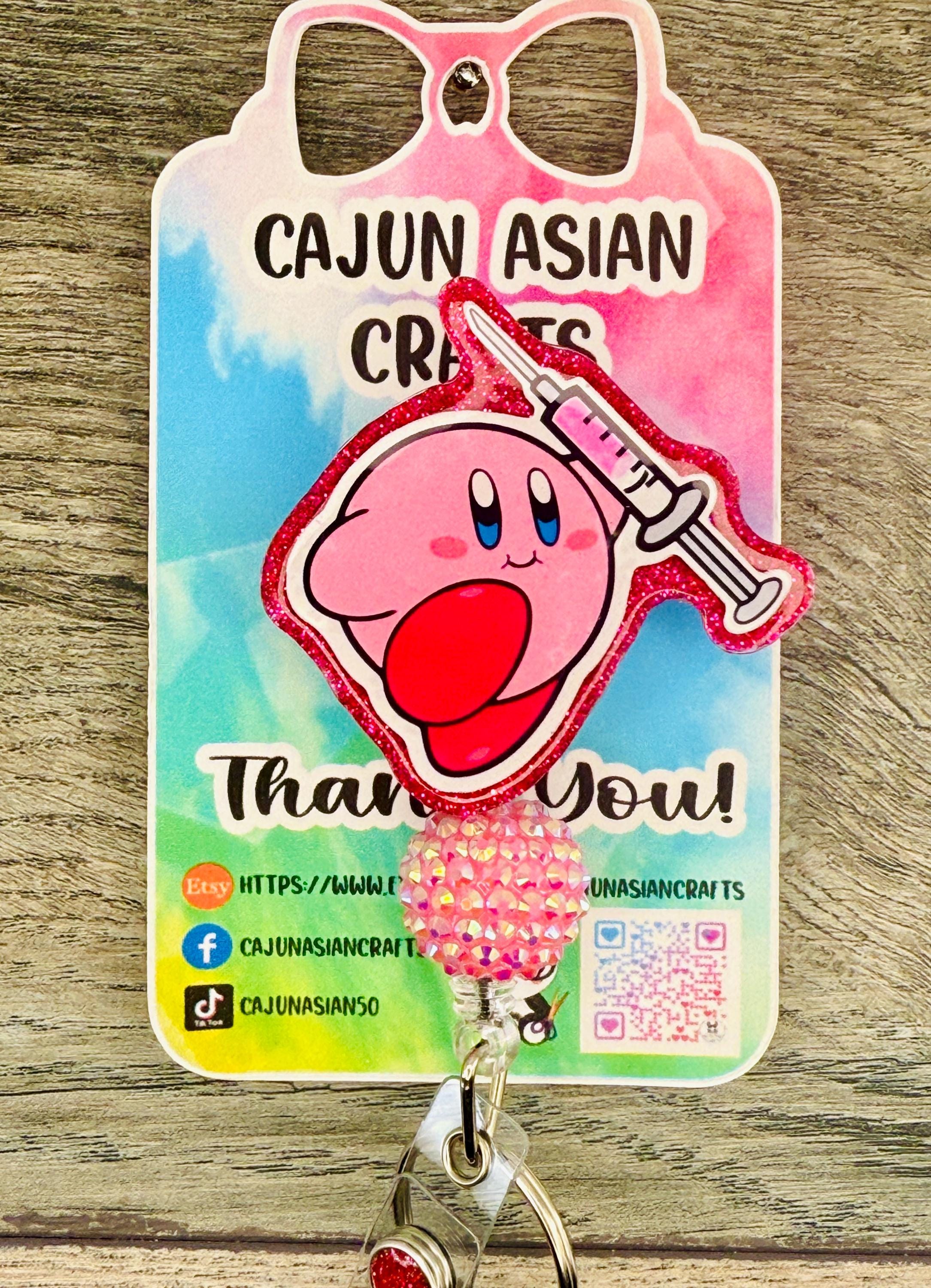 Funny Kirby with Syringe Badge Reel/ID Clip Retractable-(Alligator, Belt, MRI Safe, Carabiner Clips) & Non-Retractable Clips