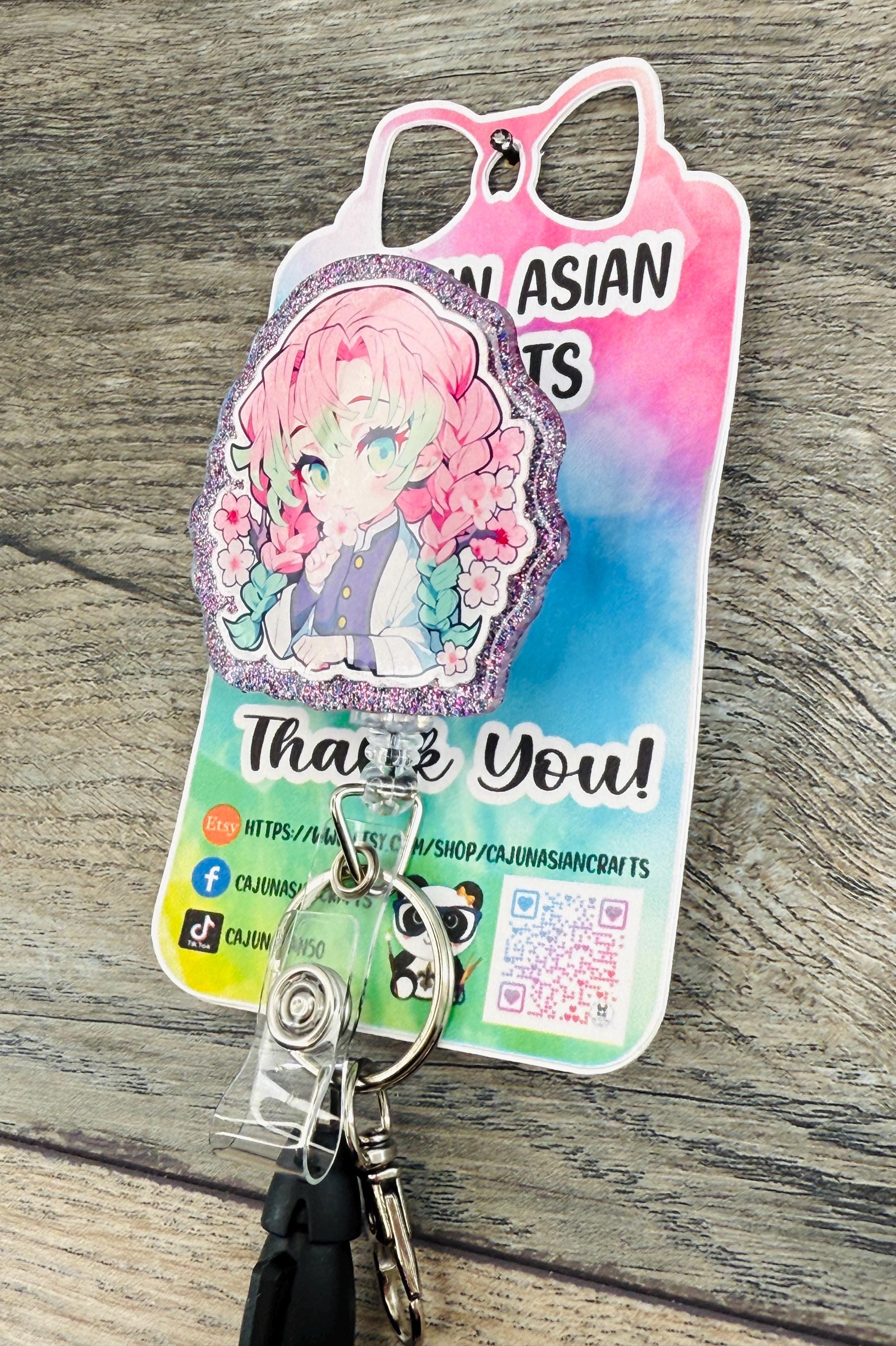 Pink Hair Demon Girl Anime Badge Reel/ID Clip Retractable-(Alligator, Belt, MRI Safe, Carabiner Clips) & Non-Retractable Clips