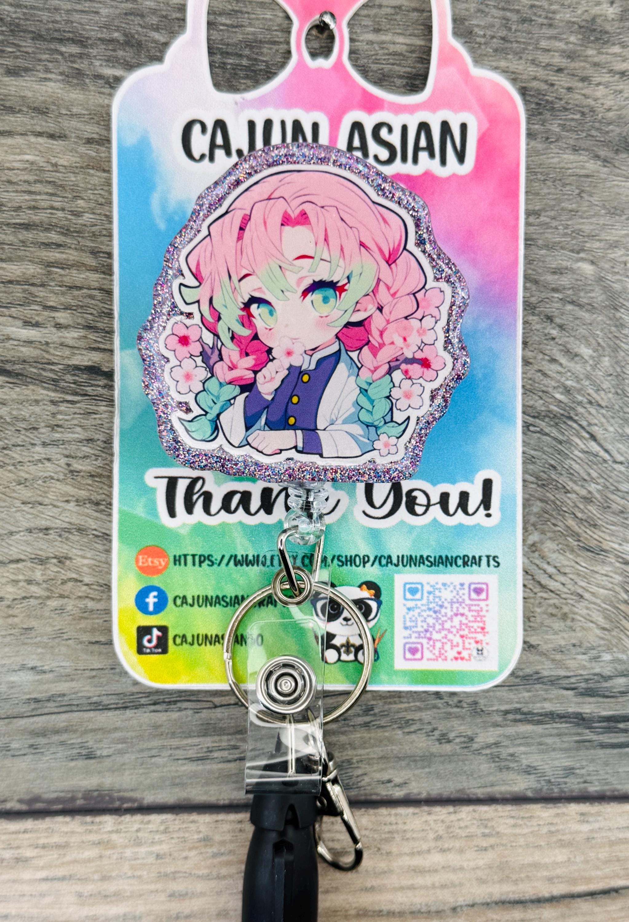 Pink Hair Demon Girl Anime Badge Reel/ID Clip Retractable-(Alligator, Belt, MRI Safe, Carabiner Clips) & Non-Retractable Clips