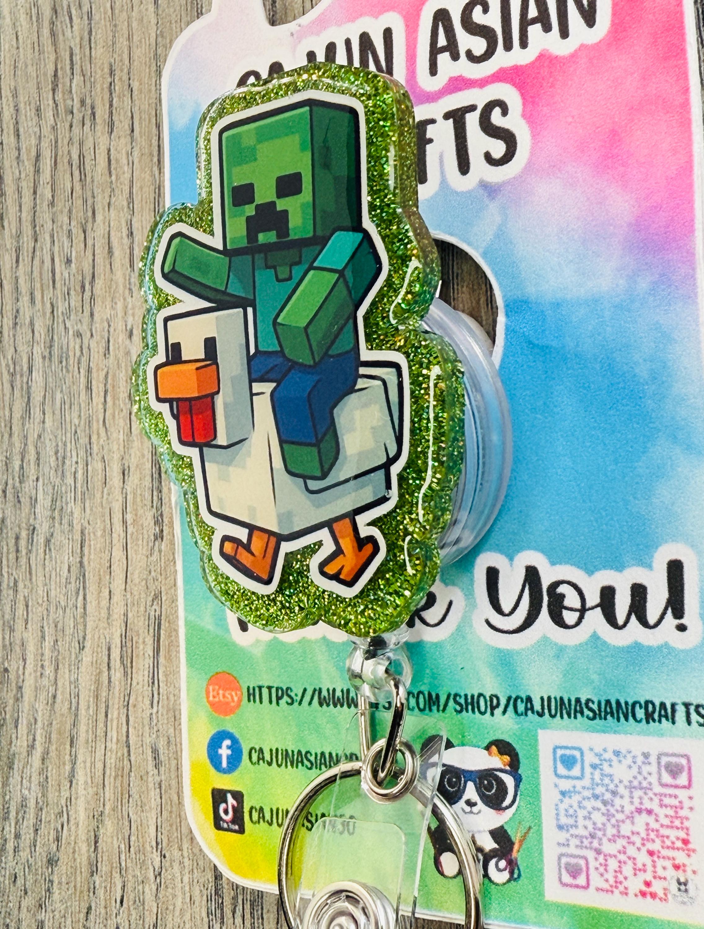 Zombie on Pixel Chicken Inspired Badge Reel/ID Clip-Retractable Clips-(Alligator, Belt, MRI Safe, Carabiner) & Non-Retractable Clips