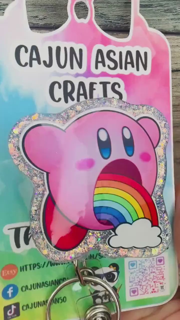 Rainbow Kirby Video Game Badge Reel/ID Clip-Retractable Clips-(Alligator, Belt, MRI Safe, Carabiner) & Non-Retractable Clips