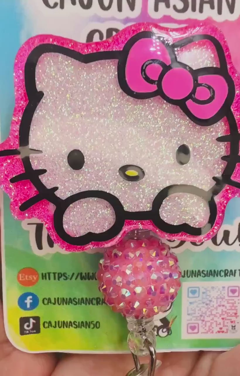 Pink Kitty Badge Reel/ID Clip Retractable-(Alligator, Belt, MRI Safe, Carabiner Clips) & Non-Retractable Clips
