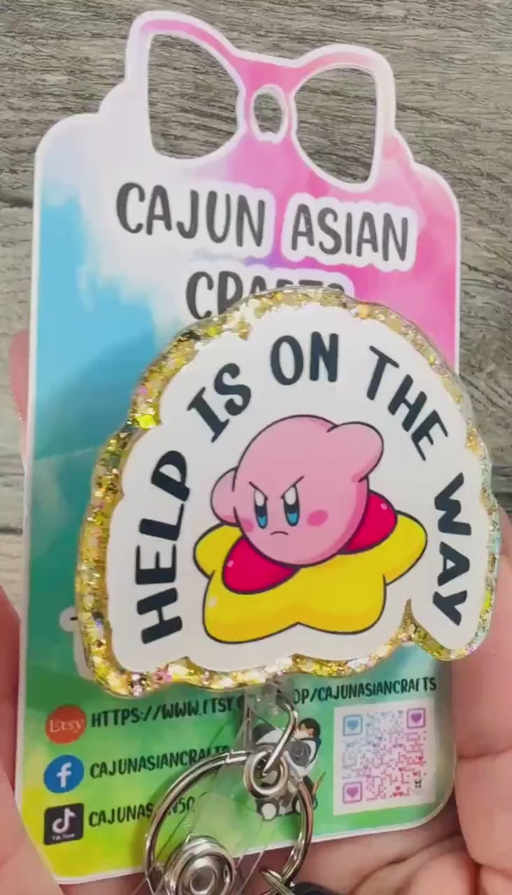 Kirby Inspired Help is on the Way Badge Reel/ID Clip/Holder-Retractable Clips-(Alligator, Belt, MRI Safe, Carabiner) & Non-Retractable Clips