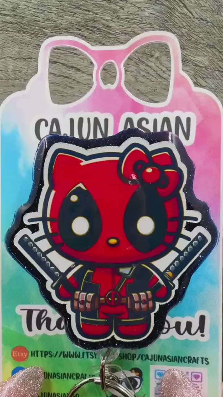 Cute Deadpool Inspired Kitty Badge Reel/ID Clip Retractable-(Alligator, Belt, MRI Safe, Carabiner Clips) & Non-Retractable Clips