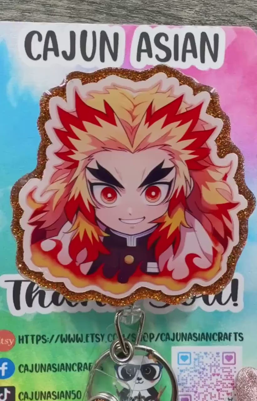 Rengoku Demon Anime Badge Reel/ID Clip/Name Tag Holder (Retractable, Belt, Non-Retractable, MRI Safe) Permanent or Interchangeable