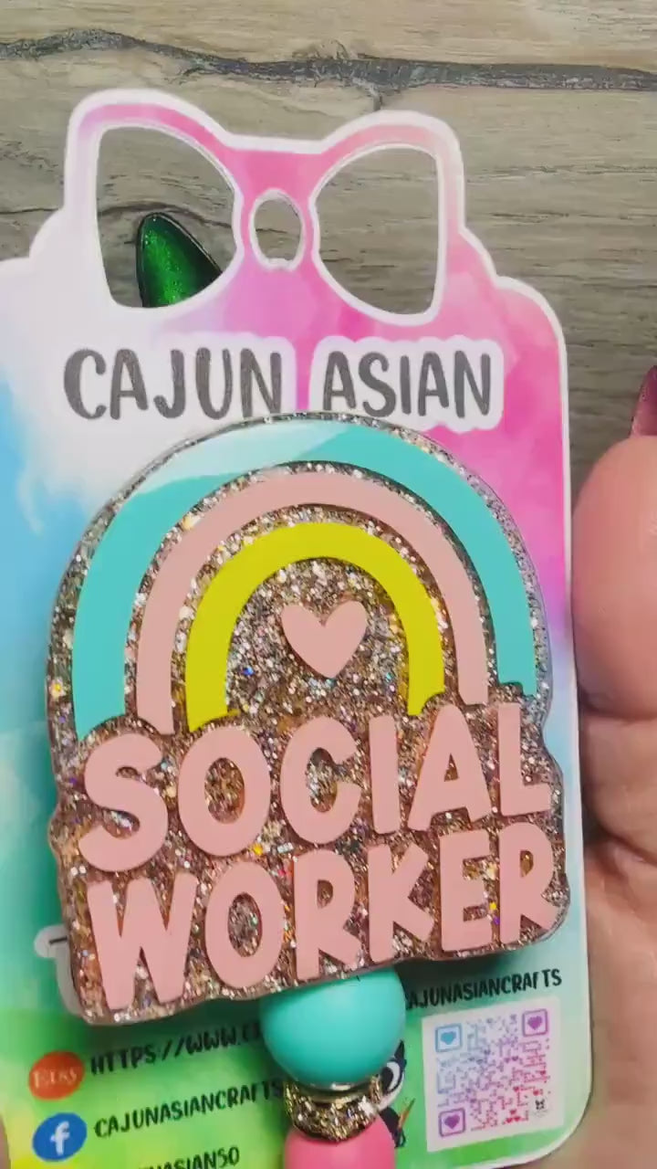 Cute Social Worker Badge Reel/ID Clip Retractable-(Alligator, Belt, MRI Safe, Carabiner Clips) & Non-Retractable Clips