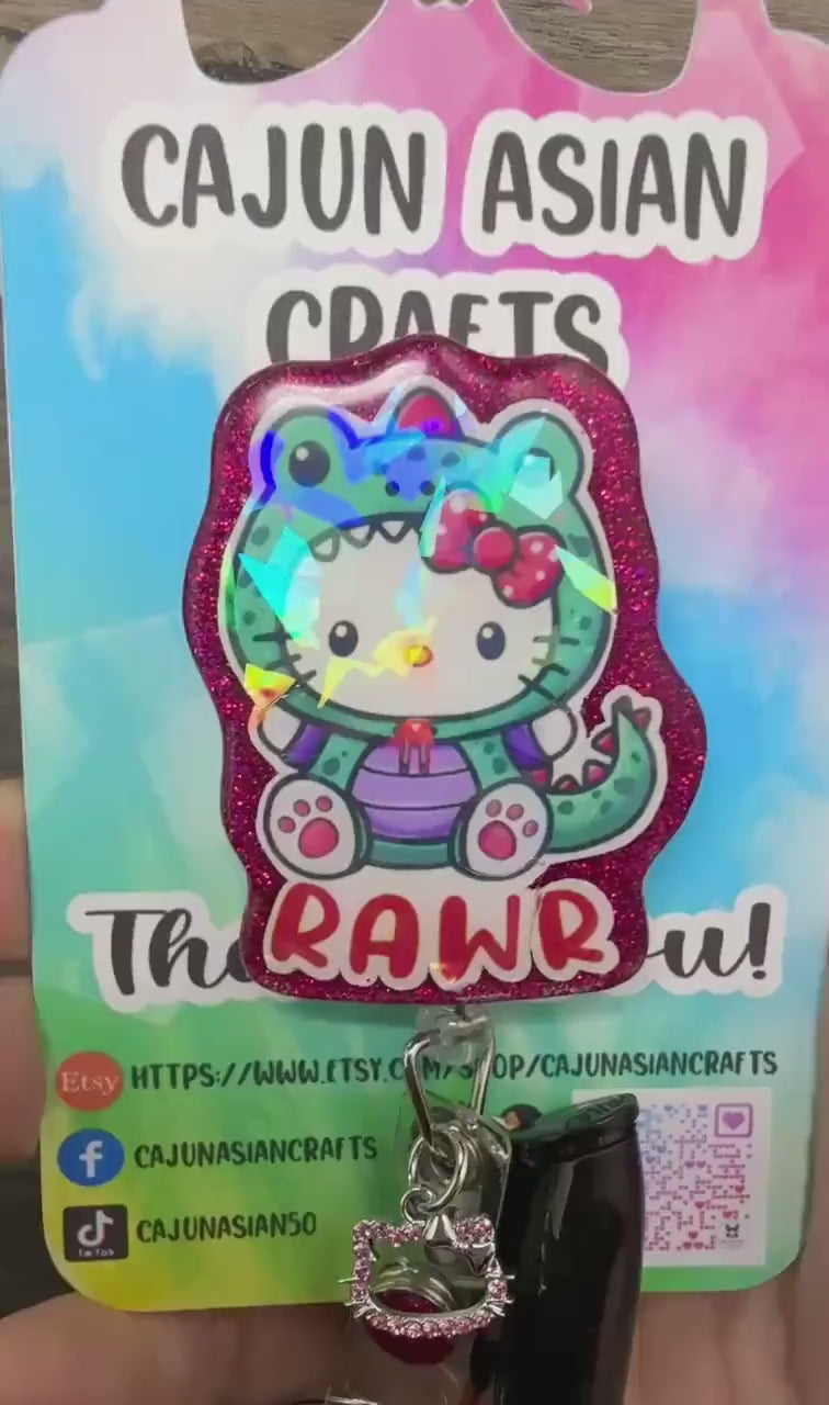 Cute Dinosaur Kitty Badge Reel/ID Clip Retractable-(Alligator, Belt, MRI Safe, Carabiner Clips) & Non-Retractable Clips