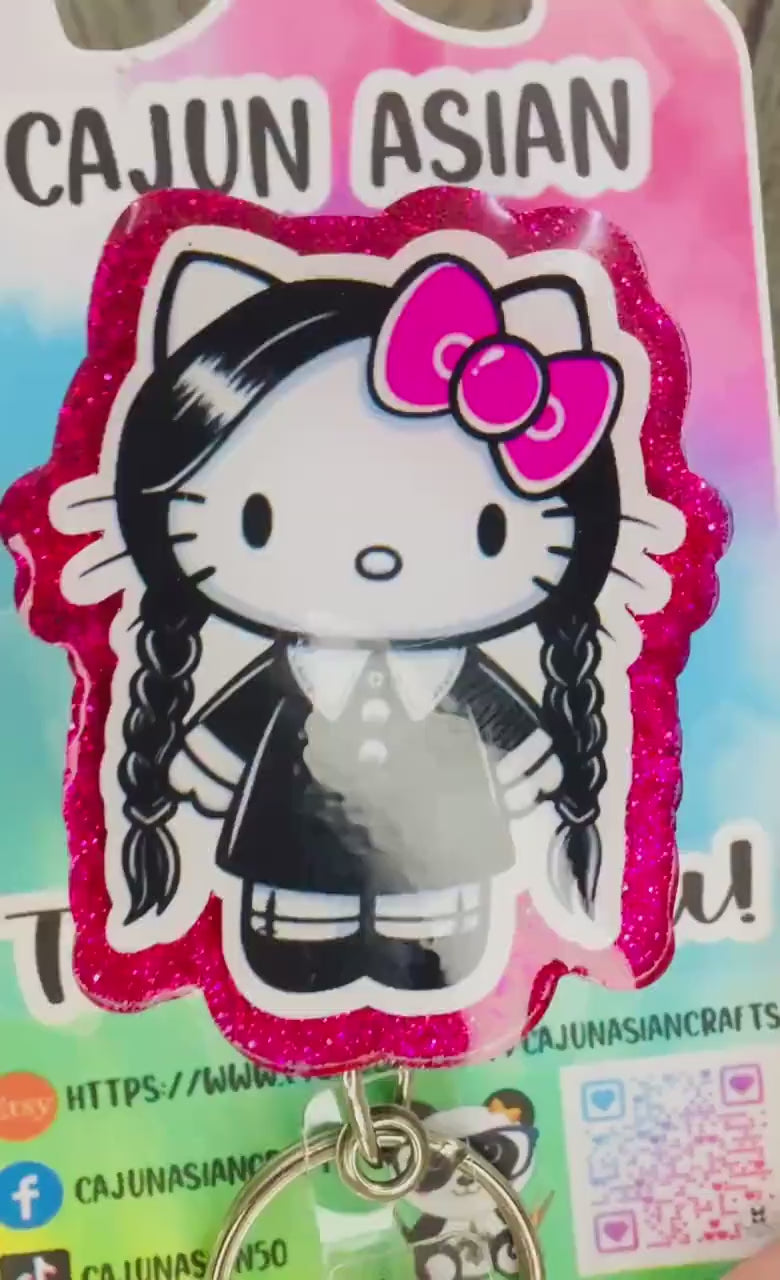 Kitty Wednesday Halloween Inspired Badge Reel/ID Clip-Retractable Clips-(Alligator, Belt, MRI Safe, Carabiner) & Non-Retractable Clips