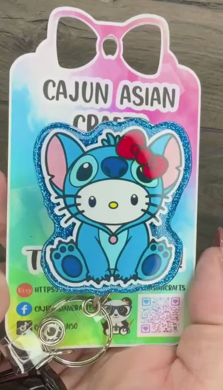 Cute Blue Kitty Stitch Anime Badge Reel/ID Clip Retractable-(Alligator, Belt, MRI Safe, Carabiner Clips) & Non-Retractable Clips