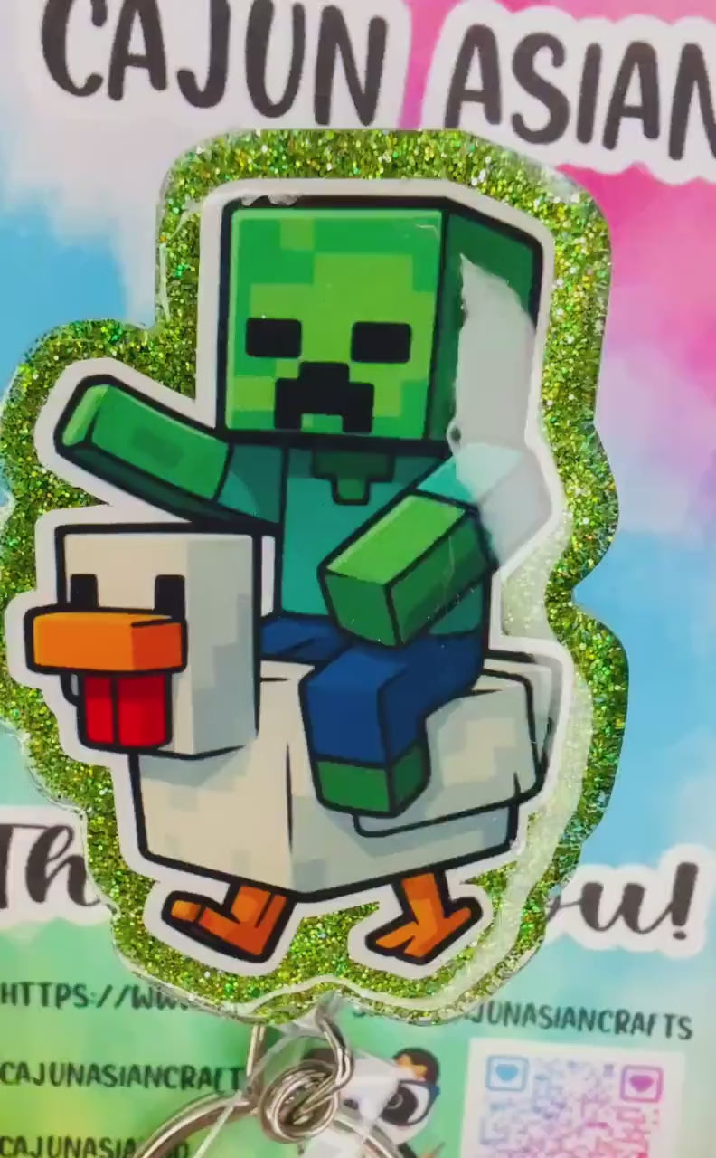 Zombie on Pixel Chicken Inspired Badge Reel/ID Clip-Retractable Clips-(Alligator, Belt, MRI Safe, Carabiner) & Non-Retractable Clips