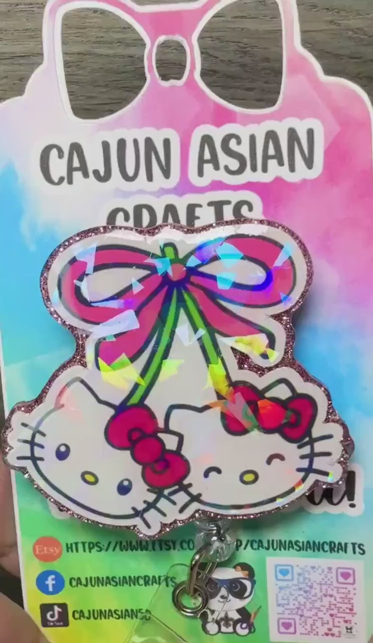 Anime Cherry Kitty Badge Reel/ID Clip Retractable-(Alligator, Belt, MRI Safe, Carabiner Clips) & Non-Retractable Clips