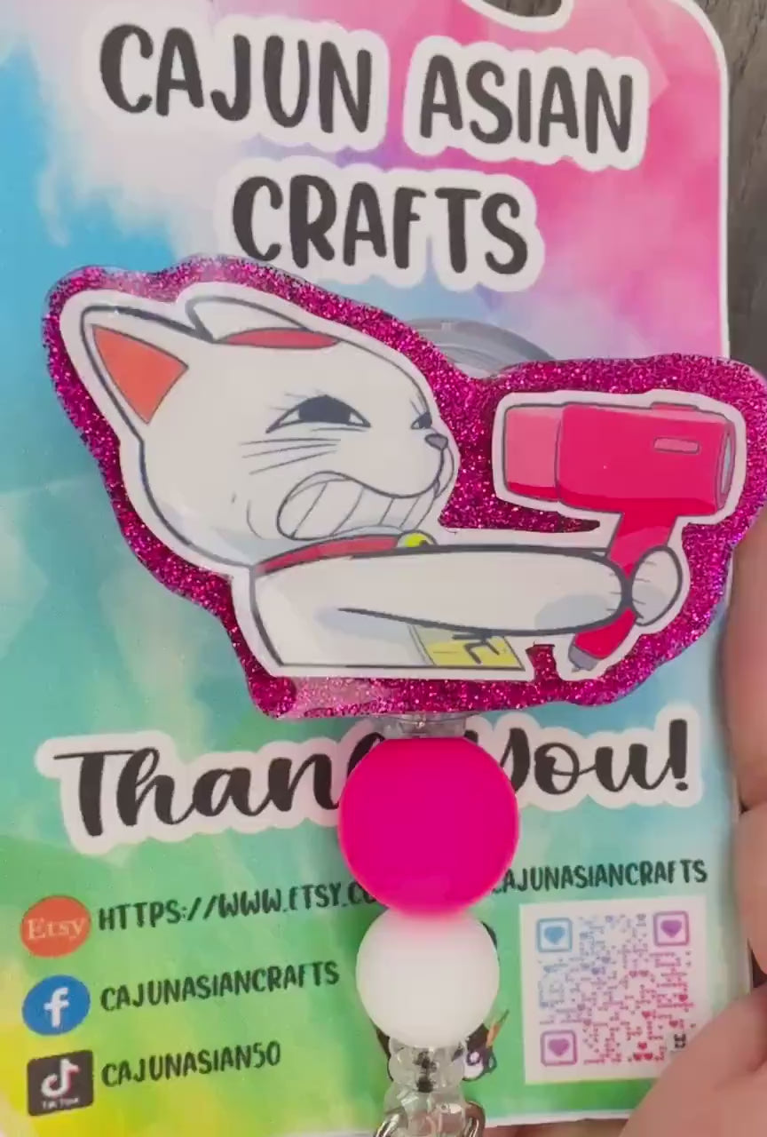 Anime Blow-dryer Cat Granny Badge Reel/ID Clip Retractable-(Alligator, Belt, MRI Safe, Carabiner Clips) & Non-Retractable Clips