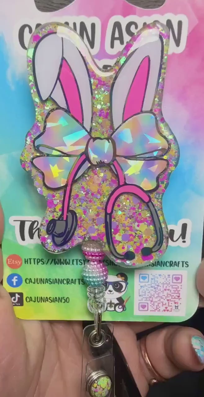 Bunny Bow Stethoscope Badge Reel/ID Clip-Retractable Clips-(Alligator, Belt, MRI Safe, Carabiner) & Non-Retractable Clips