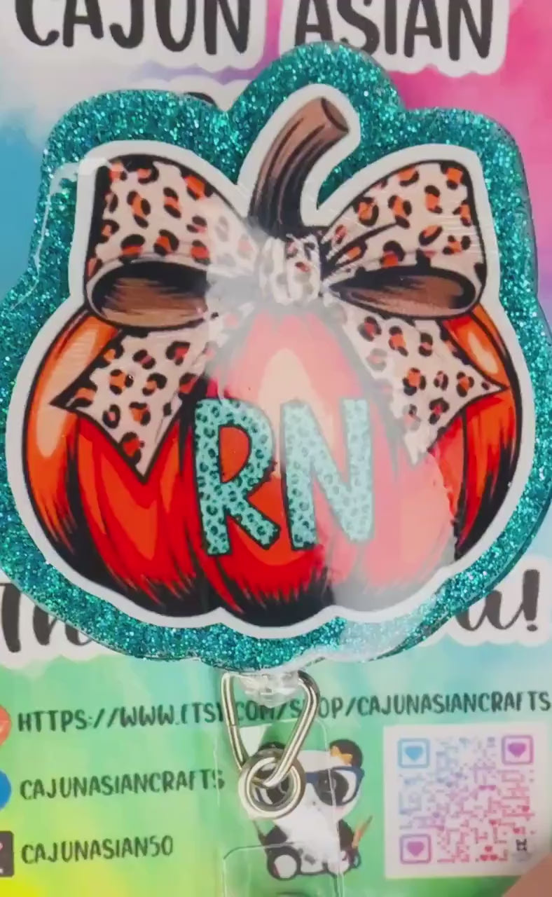 Halloween Pumpkin Nurse Badge Reel/ ID Clip-Retractable Clips-(Alligator, Belt, MRI Safe, Carabiner) & Non-Retractable Clips