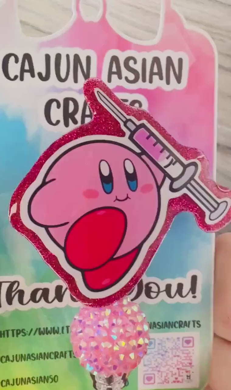 Funny Kirby with Syringe Badge Reel/ID Clip Retractable-(Alligator, Belt, MRI Safe, Carabiner Clips) & Non-Retractable Clips