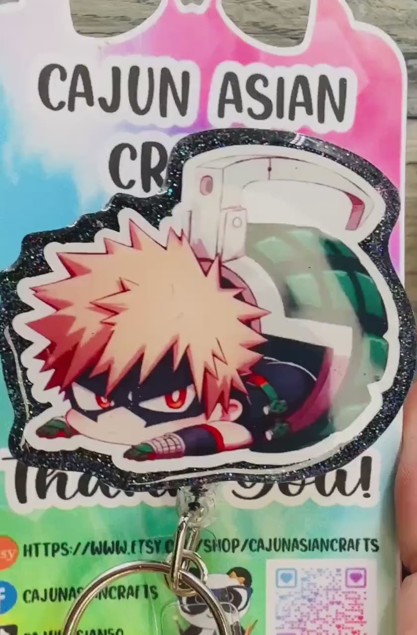 MHA Baku-Bomb Inspired Anime Badge Reel/ID Clip Retractable-(Alligator, Belt, MRI Safe, Carabiner Clips) & Non-Retractable Clips