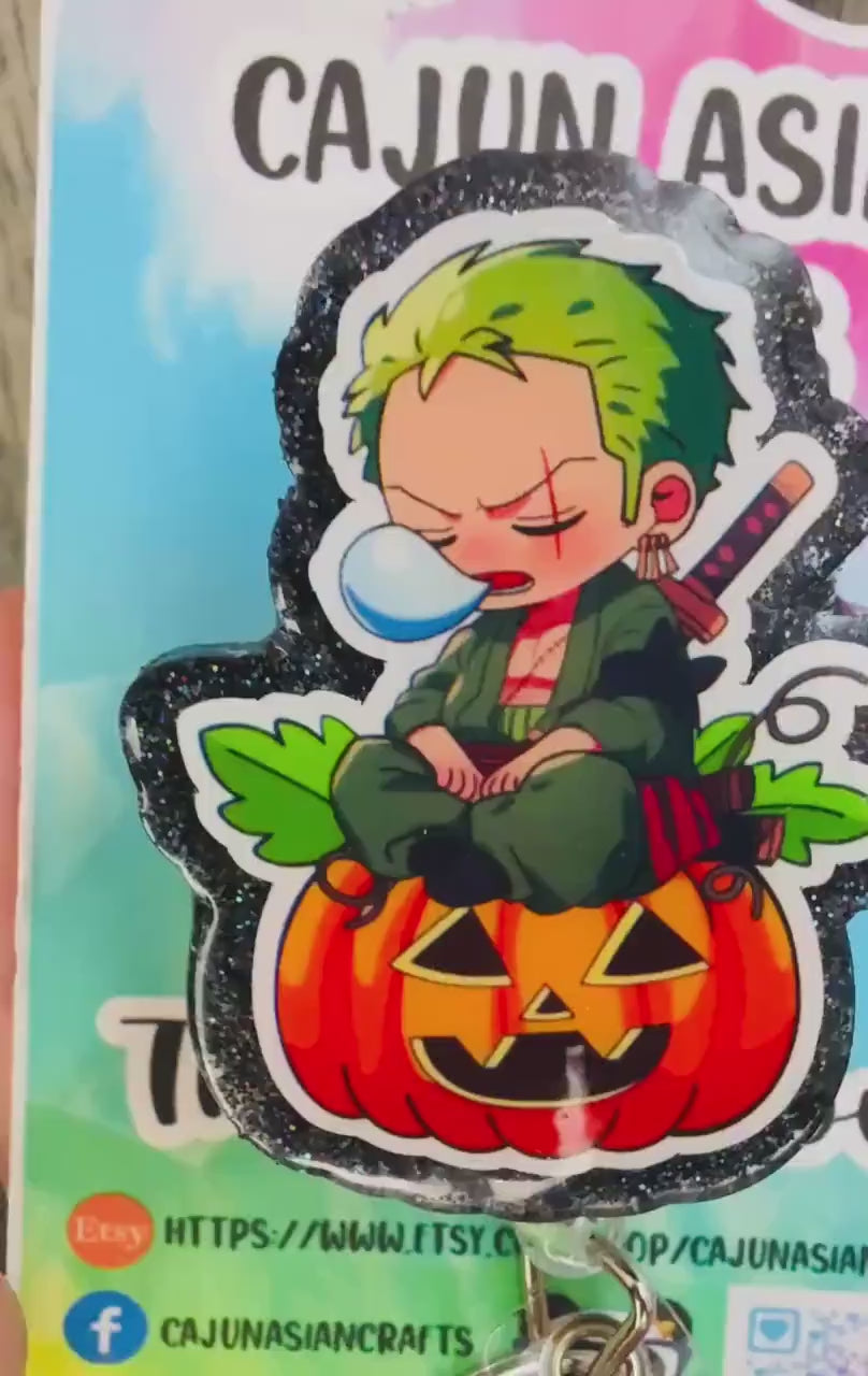 Pirate Anime Z Halloween Pumpkin Reel/ID Clip-Retractable Clips-(Alligator, Belt, MRI Safe, Carabiner) & Non-Retractable Clips