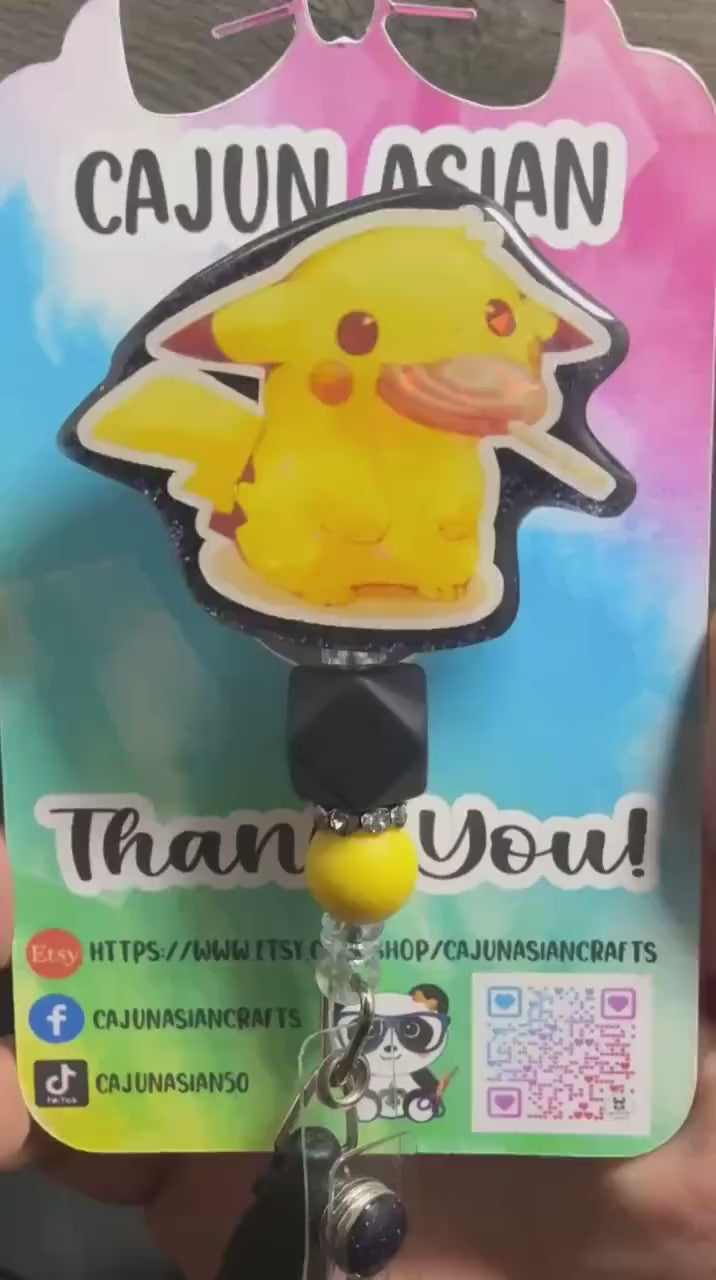 Lollipop Pikachu Anime Badge Reel/ID Clip-Retractable Clips-(Alligator, Belt, MRI Safe, Carabiner) & Non-Retractable Clips