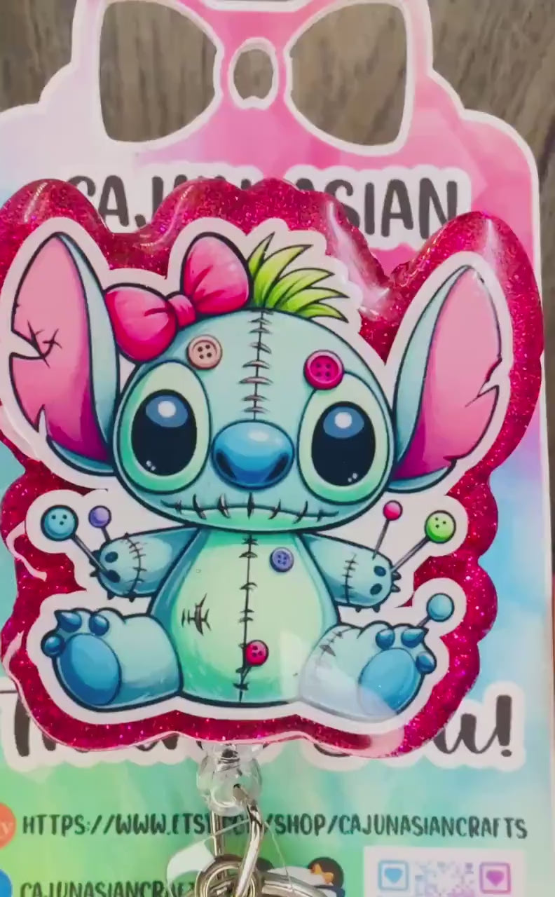 Voodoo Halloween Stitch Anime Badge Reel/ID Clip Retractable-(Alligator, Belt, MRI Safe, Carabiner Clips) & Non-Retractable Clips