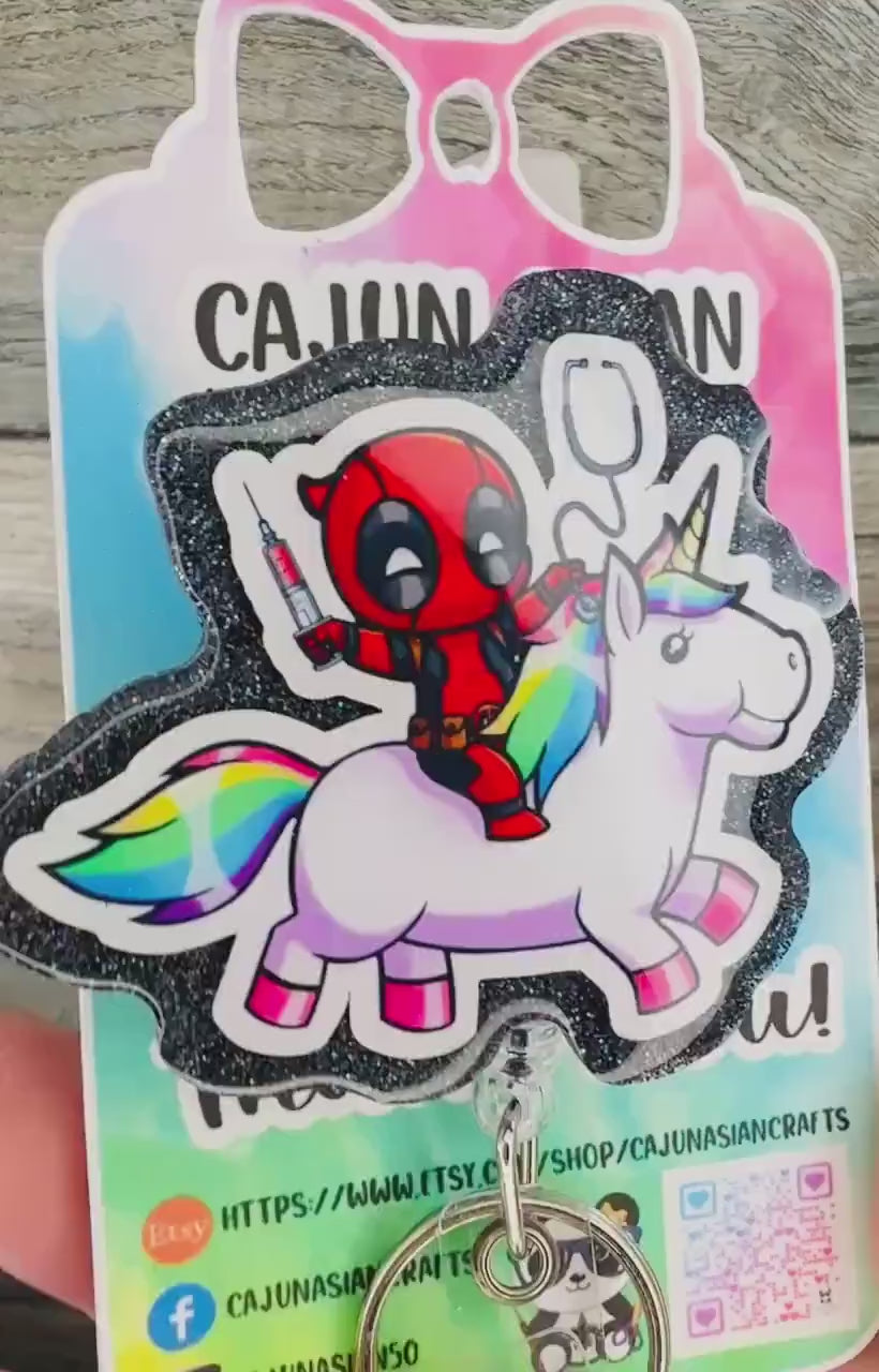 Healthcare Inspired Deadpool Unicorn Badge Reel/ID Clip-Retractable Clips-(Alligator, Belt, MRI Safe, Carabiner) & Non-Retractable Clips