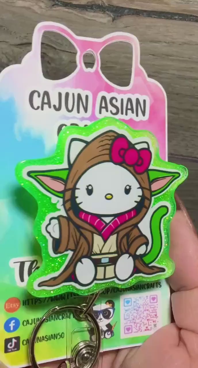Cute Kitty Yoda Inspired Anime Badge Reel/ID Clip-Retractable Clips-(Alligator, Belt, MRI Safe, Carabiner) & Non-Retractable Clips