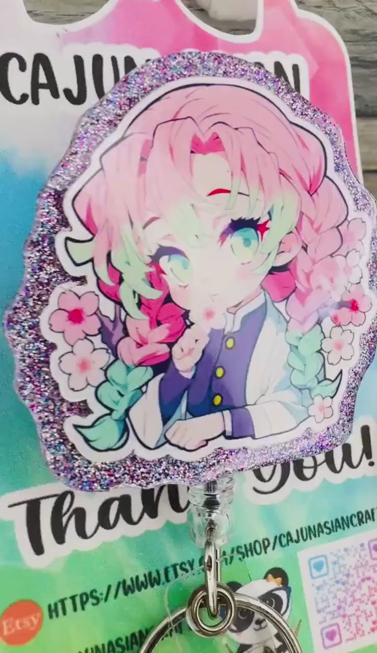 Pink Hair Demon Girl Anime Badge Reel/ID Clip Retractable-(Alligator, Belt, MRI Safe, Carabiner Clips) & Non-Retractable Clips