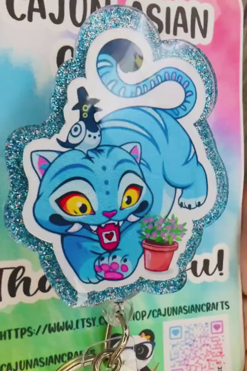 Demon Anime Blue Derpy Cat Plant KPOP Reel/ID Clip/Holder (Retractable, Belt, Non-Retractable, MRI Safe)Permanent or Interchangeable