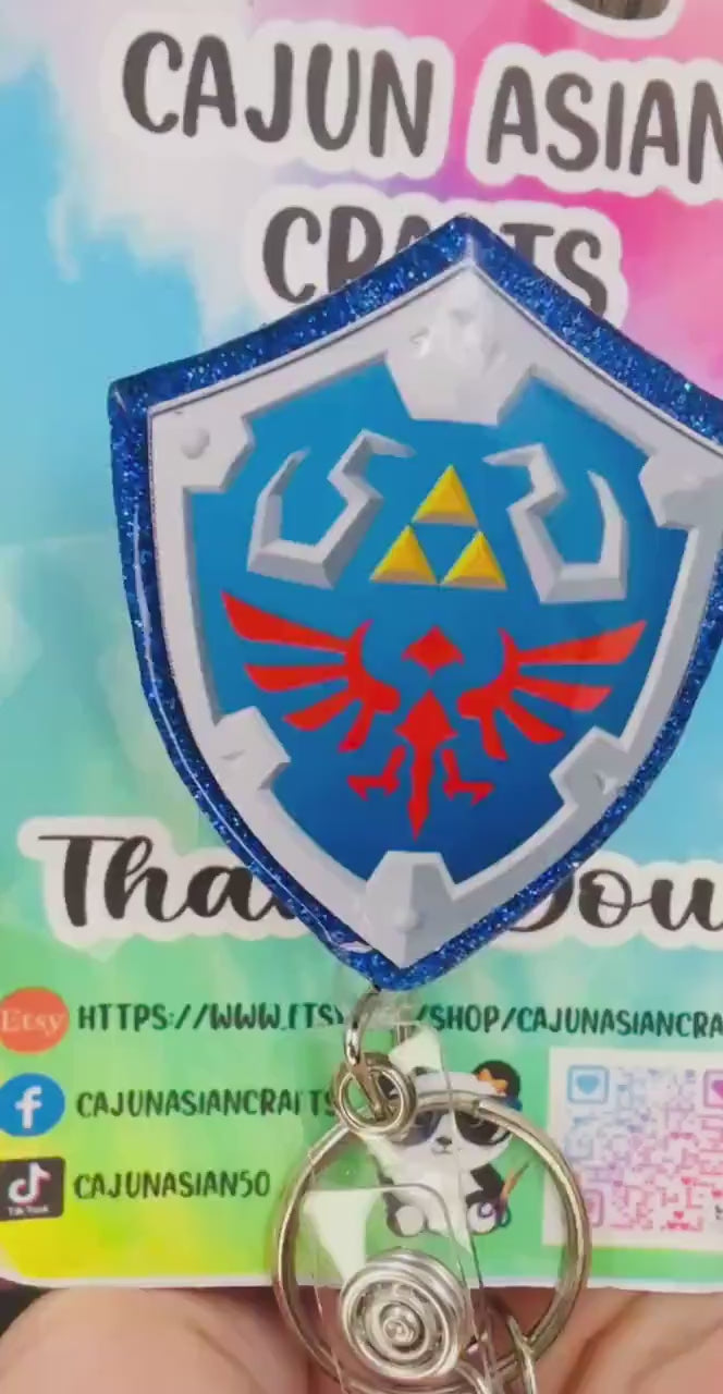 Hylian Shield Zelda Badge Reel/ID Clip-Retractable Clips-(Alligator, Belt, MRI Safe, Carabiner) & Non-Retractable Clips