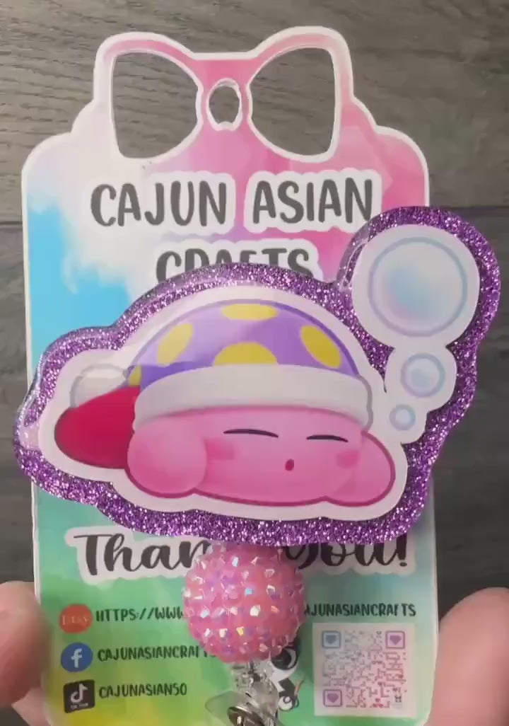 Sleepy Kirby Inspired Badge Reel/ID Clip Retractable-(Alligator, Belt, MRI Safe, Carabiner Clips) & Non-Retractable Clips