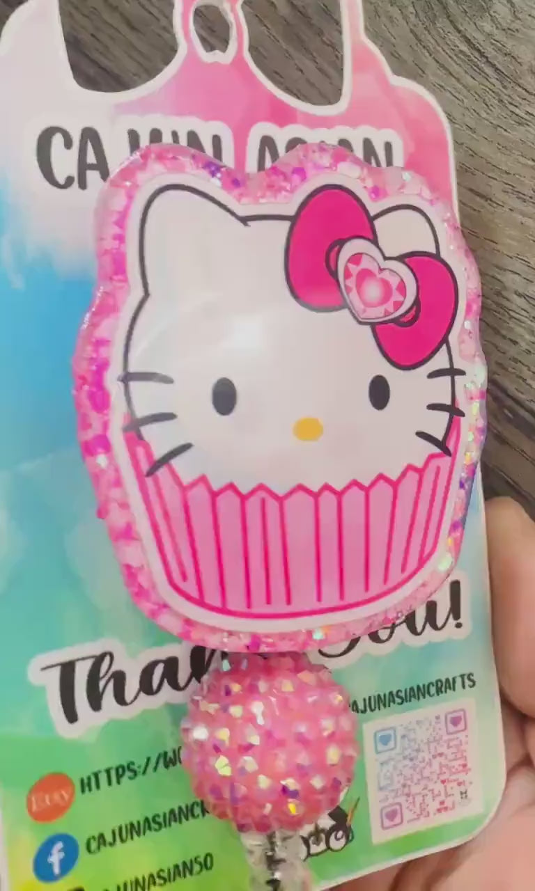 Cute Cupcake Kitty Badge Reel/ID Clip Retractable-(Alligator, Belt, MRI Safe, Carabiner Clips) & Non-Retractable Clips